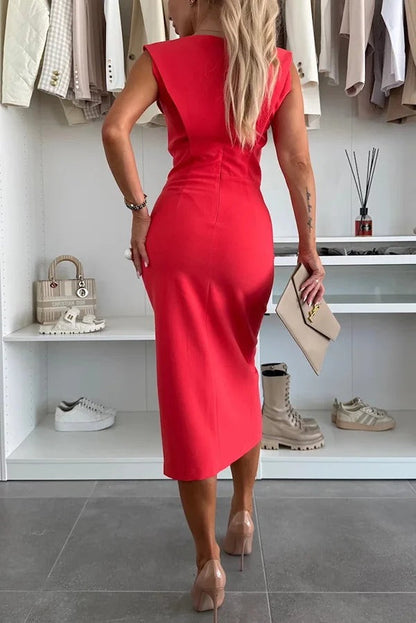 CD | Culoare solidă Decolteu rotund Fără mâneci Rochie midi slim-fit cu crăpătură