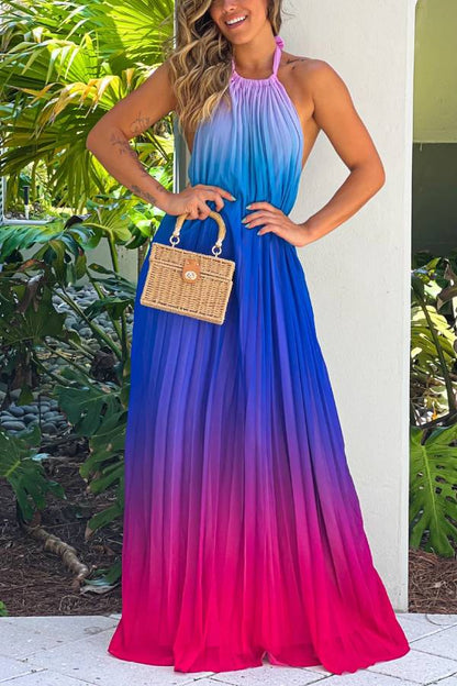 CD | Rochie maxi roz și violet cu gât rotund