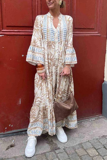 CD | Rochie maxi casual cu mâneci trompetă și imprimeu etnic