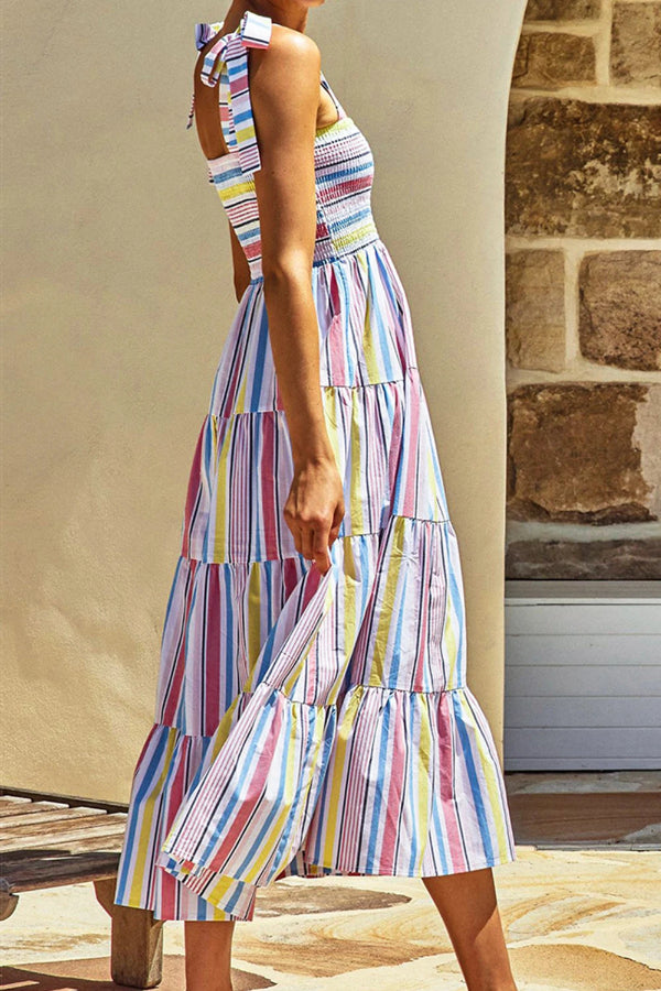 CD | Rochie maxi multicoloră cu dantelă și imprimeu cu dungi Smocked