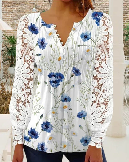 CD | Top elegant din dantelă cu decolteu în V și imprimeu floral