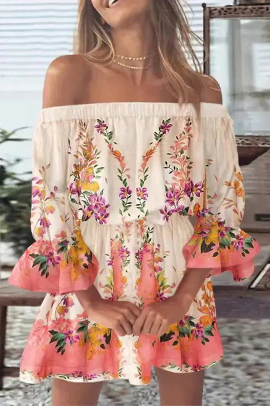CD | It All Begins with Love Rochie mini imprimată cu umerii deschiși