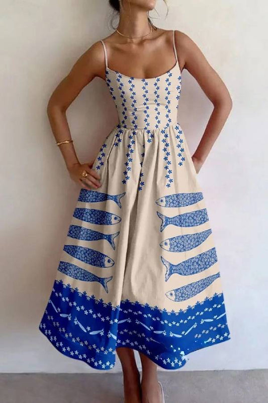 CD | Rochie midi unică cu model de flori de pește