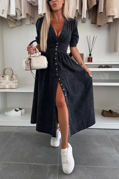 CD | Rochie midi din denim, culoare solidă, cu decolteu în V și buton jos