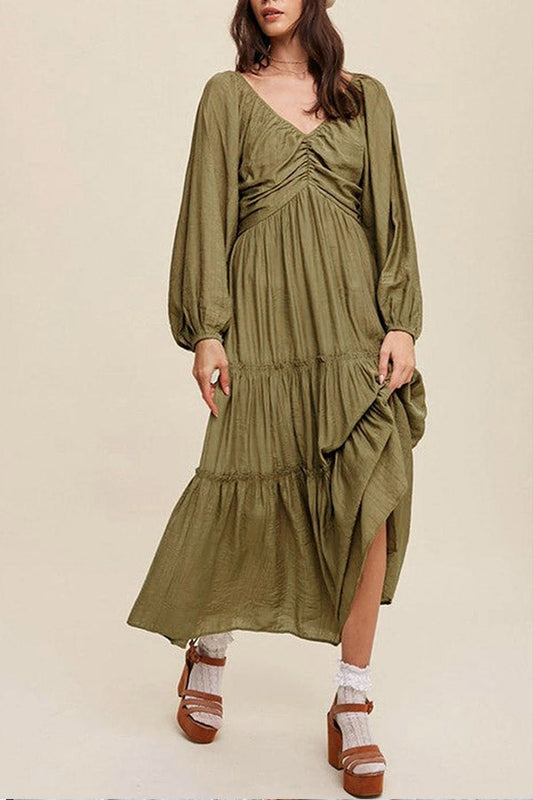 CD | Verde V-neck bowknot decolteu volan dungi rochie maxi