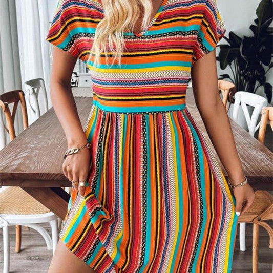 CD | Rochie mini boho cu dungi elegante și fluide