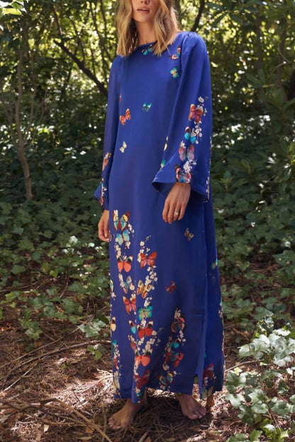 CD | Butterfly Print Navy Blue Rochie lungă cu mânecă lungă