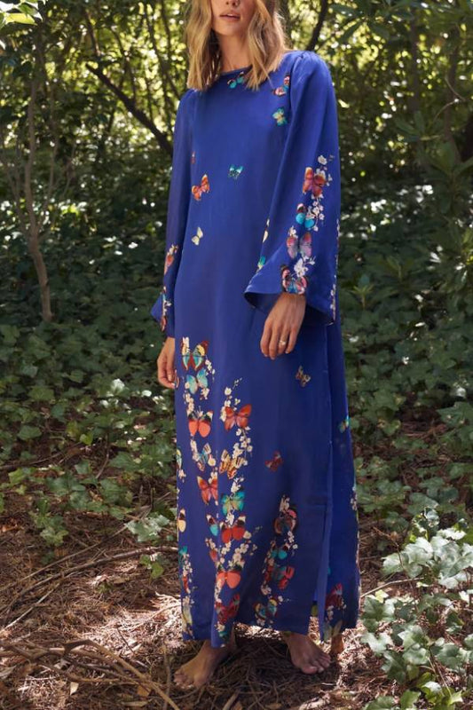 CD | Butterfly Print Navy Blue Rochie lungă cu mânecă lungă