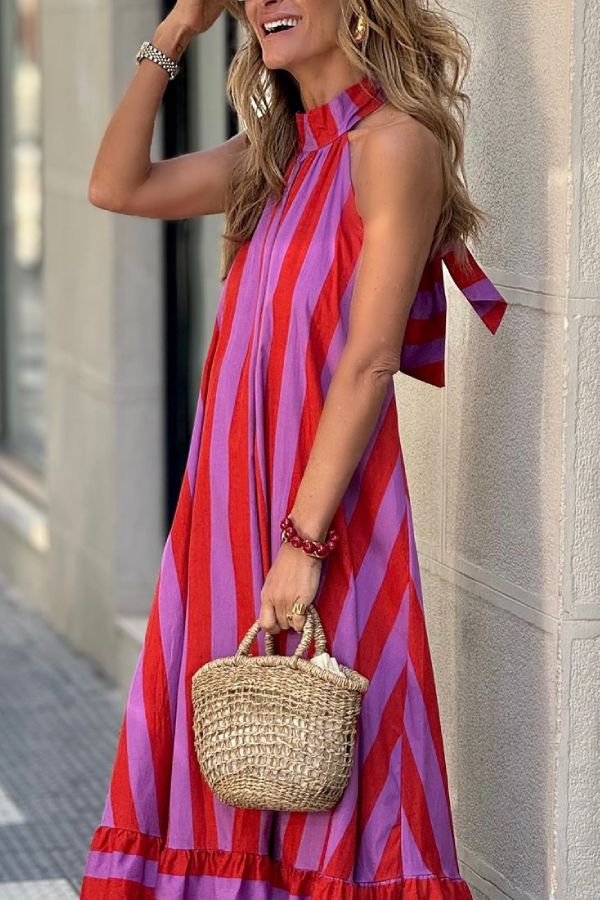 CD | Casual Red Striped vrac Backless rochie lungă
