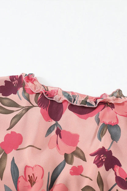 CD | Rochie maxi decoltată cu volane și imprimeu floral roșu pastel