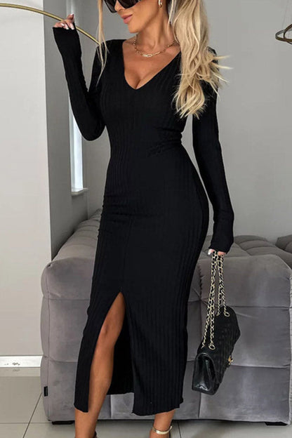 CD | Culoare solidă la modă V-neck cu mânecă lungă pit rochie lungă