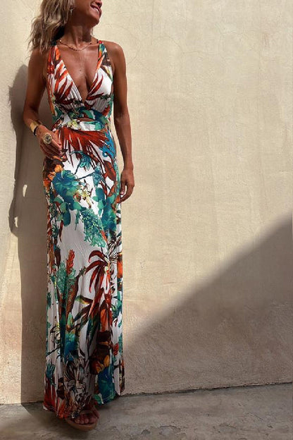 CD | RAINFOREST PARADISE TROPICAL PRINT DECOLTEU SPATE CROSSOVER STRETCH ROCHIE MAXI