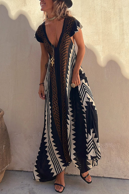 CD | Beach date Ethno print rochie maxi în A-line
