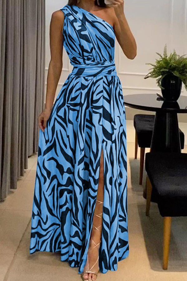 CD | Sexy One Shoulder Sleeveless imprimate rochie lungă cu Split spate