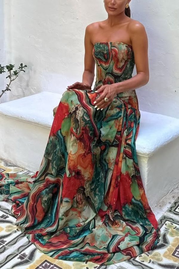 CD | Vacay Vibes Rochie maxi cu imprimare de lavă colorată, fără umeri, cu eșarfă smocked