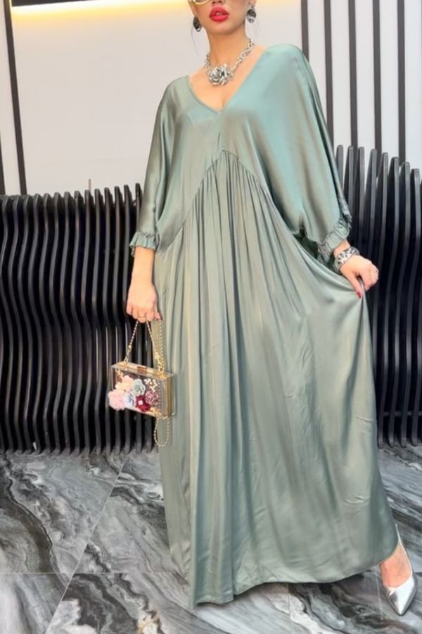 CD | satin culoare solidă v-neck frunze de lotus mâneci vrac plisat rochie maxi