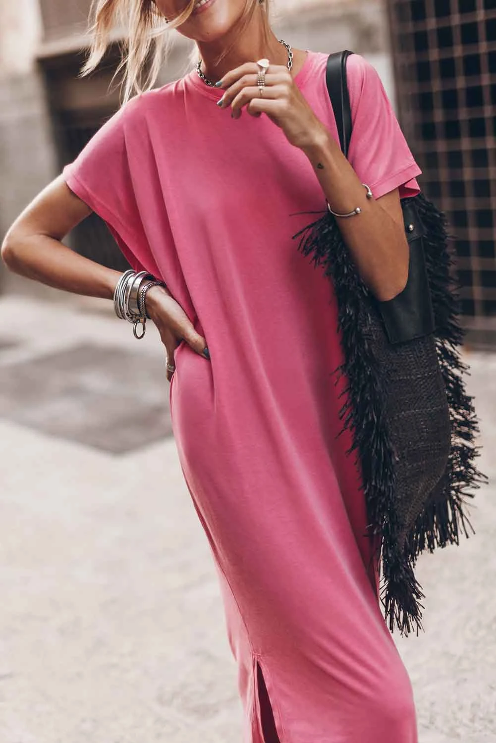 CD | Roz rotund decolteu batwing mâneci split rochie maxi t-shirt