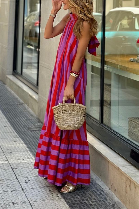CD | Casual Red Striped vrac Backless rochie lungă