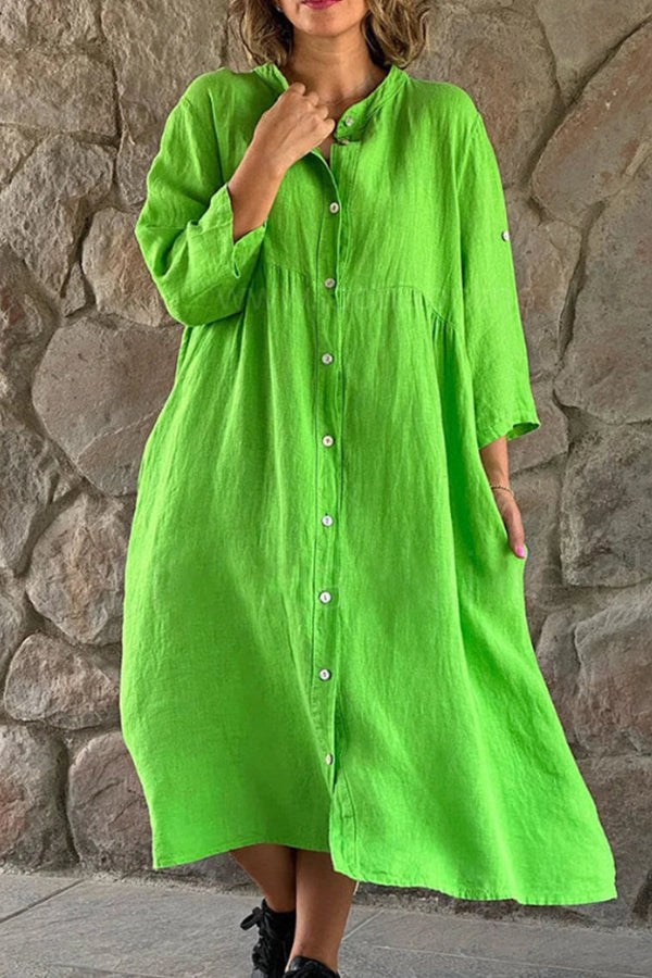 CD | bumbac lenjerie culoare solidă casual stand guler buton rochie lungă