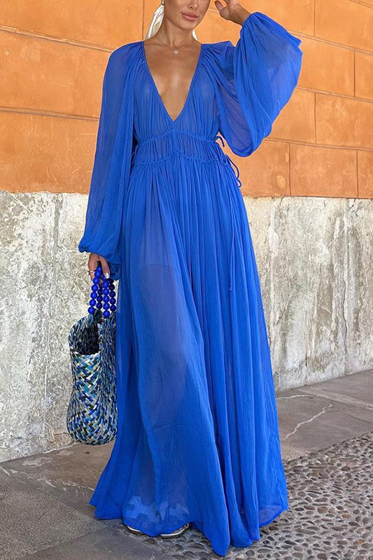 CD | Rochie maxi cu talie încrețită din șifon cu pietre prețioase albastre