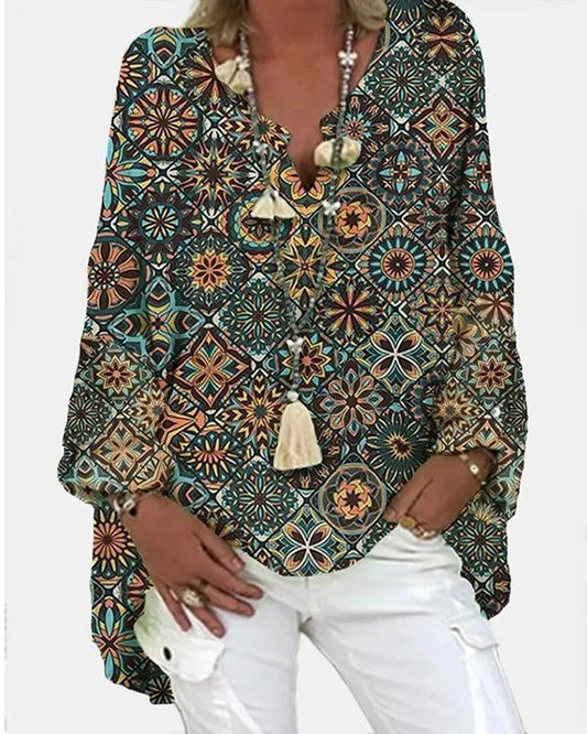 CD Geometric imprimate cu mânecă lungă v-neck bluză casual pentru femei
