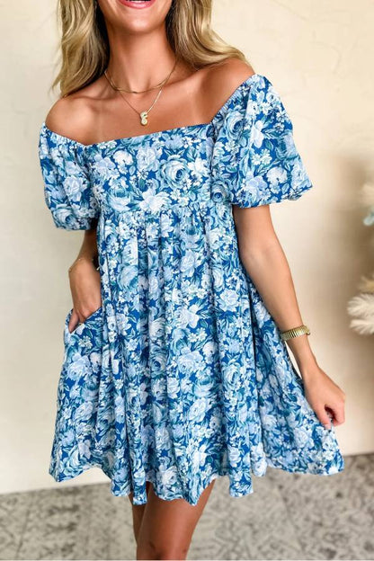 CD | Rochie mini babydoll albastră cu mâneci bufante