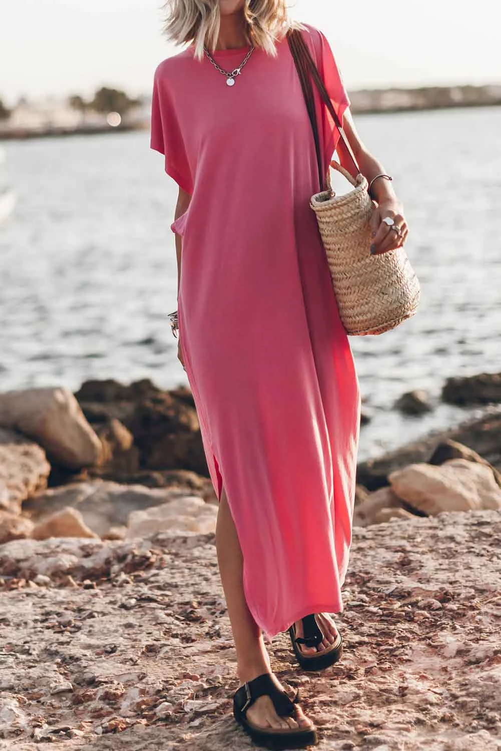 CD | Roz rotund decolteu batwing mâneci split rochie maxi t-shirt