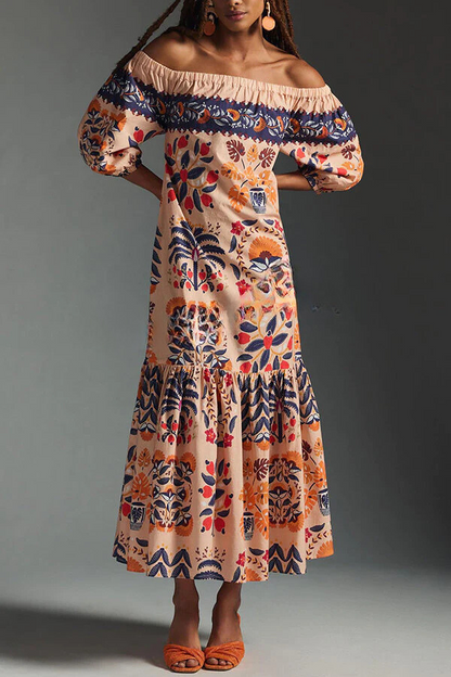 CD | Island Lover Rochie midi imprimată, fluidă, fără umeri
