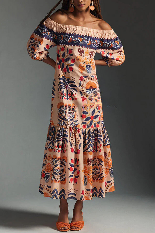 CD | Island Lover Rochie midi imprimată, fluidă, fără umeri