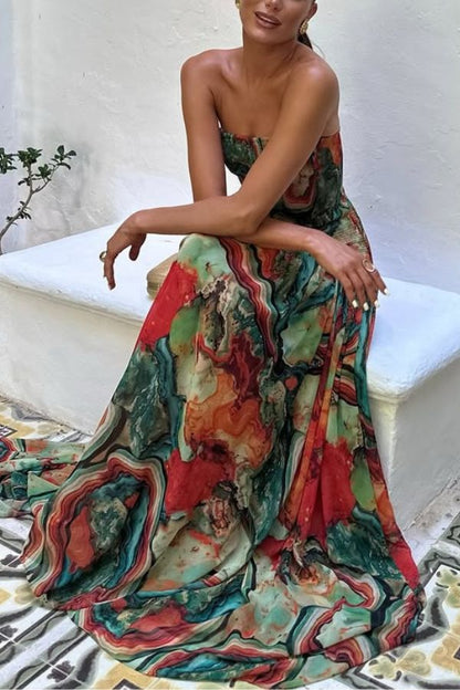 CD | Vacay Vibes Rochie maxi cu imprimare de lavă colorată, fără umeri, cu eșarfă smocked