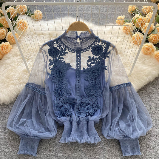 CD | Perspectivă Mesh Gauze Lantern Sleeve Slim scurt Top Femei Lace Leggings Undershirt