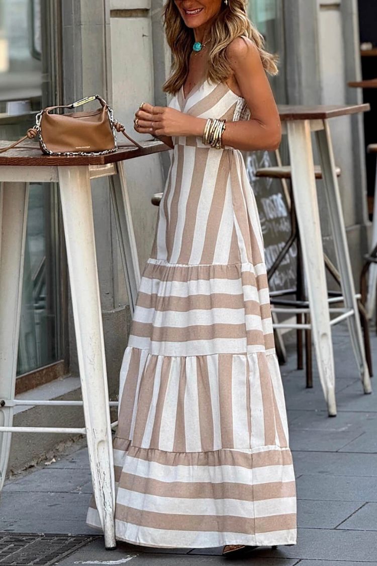 CD | vară dungi imprimare patchwork rochie maxi cu volane fără spate