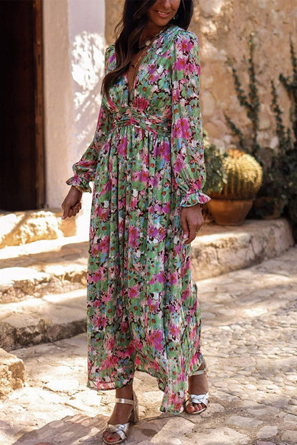 CD | Verde florale imprimare Deep V-neck Gathered rochie maxi cu talie cinched