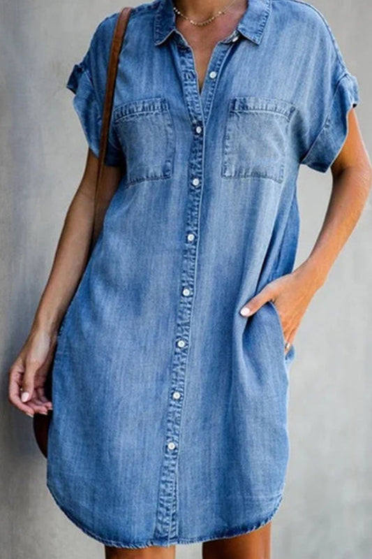 CD | rochie midi din denim cu mânecă scurtă