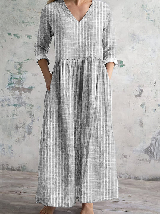 CD | Rochie maxi pentru femei - Fibre naturale - Ținută relaxată - Decolteu în V - Mâneci lungi - Cu dungi
