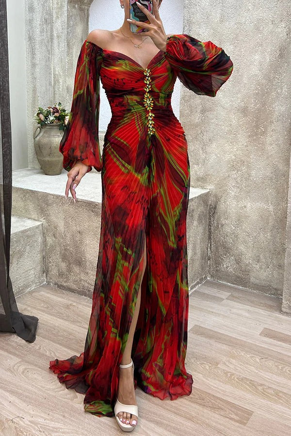 CD | Sunset Serenade Rochie maxi imprimată cu diamante fără umeri, cu pliuri și crăpătură