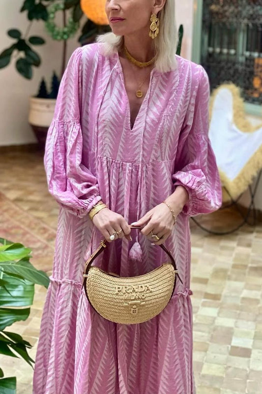 CD | Marrakech Stories Rochie midi imprimată în amestec de in, cu mâneci balon și buzunare A-line