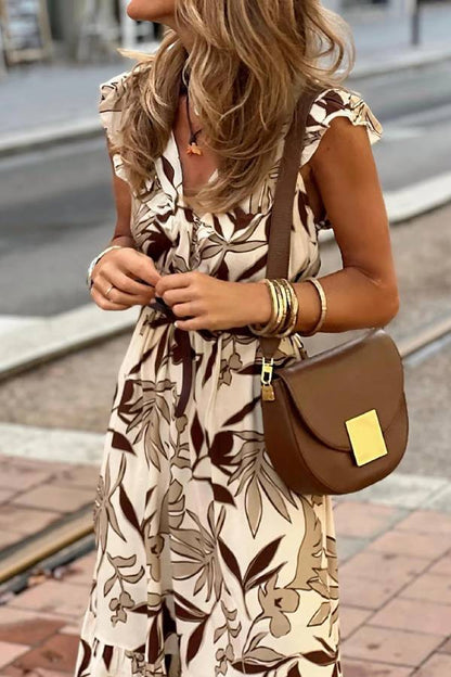 CD | Brown Ruffled V-Neck Leaf Print Rochie lungă