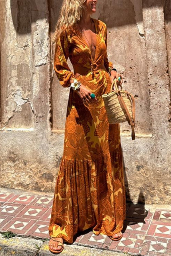 CD | Sunflower imprimare inel decolteu talie mâneci lungi rochie maxi