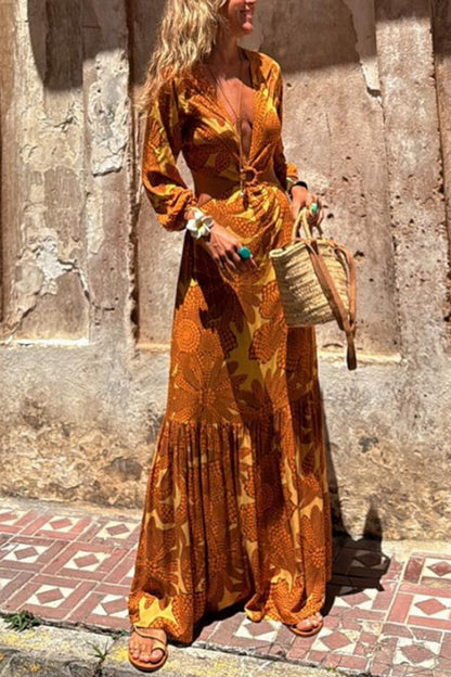 CD | Sunflower imprimare inel decolteu talie mâneci lungi rochie maxi