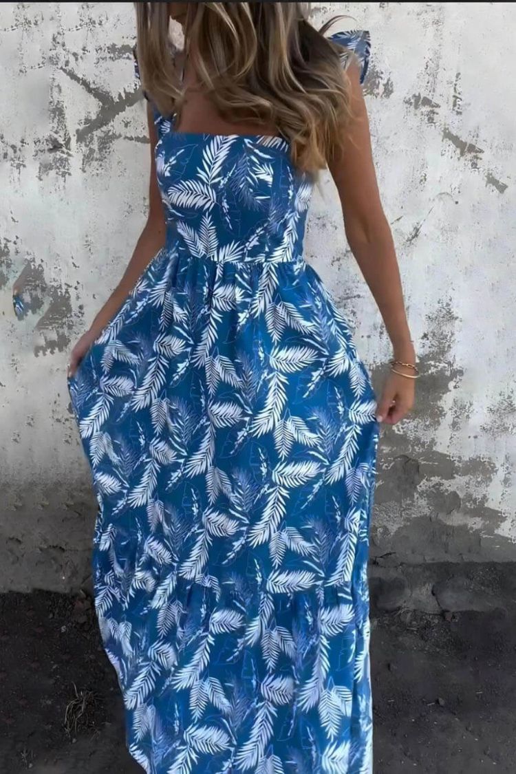 CD | Elegant hollow cravată pană imprimare mânecă volan rochie maxi
