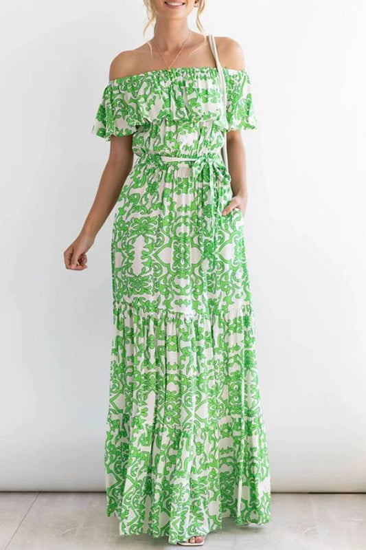 CD | Rochie maxi cu mâneci scurte, fără umeri, cu model cu volane