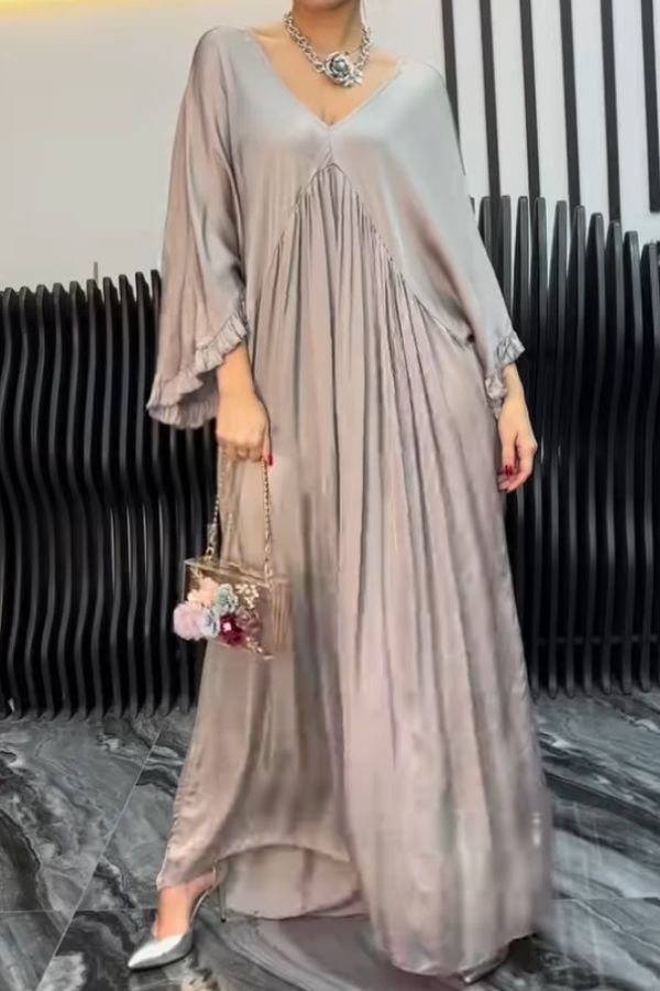 CD | satin culoare solidă v-neck frunze de lotus mâneci vrac plisat rochie maxi