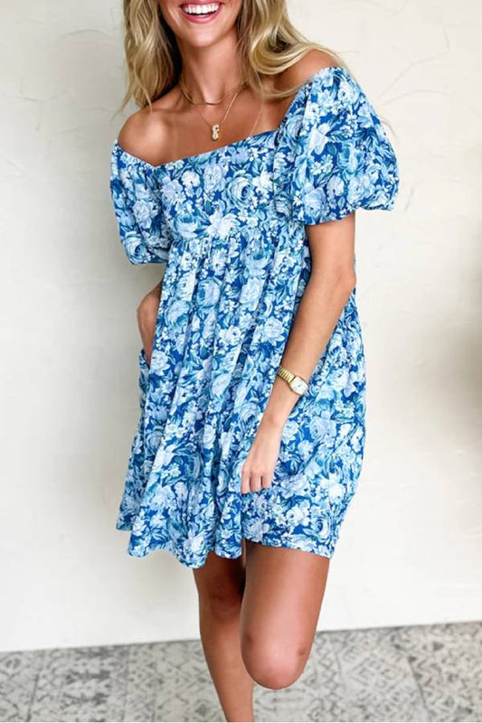 CD | Rochie mini babydoll albastră cu mâneci bufante