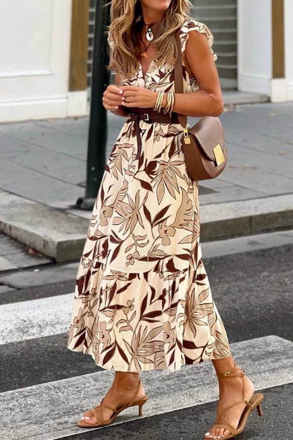 CD | Brown Ruffled V-Neck Leaf Print Rochie lungă