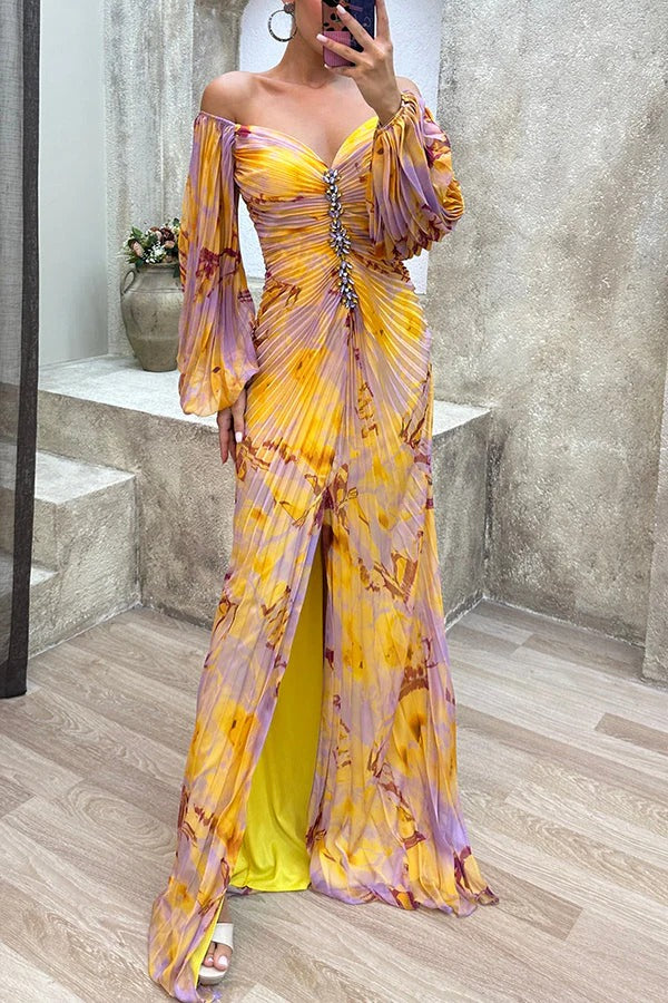 CD | Sunset Serenade Rochie maxi imprimată cu diamante fără umeri, cu pliuri și crăpătură