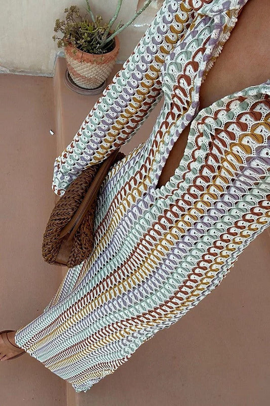 CD | Bondi plaja tricot colorat val de imprimare cu mânecă lungă de vacanță rochie maxi