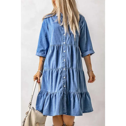 CD | Rochie mini chambray cu volane și croială cu nasturi din denim