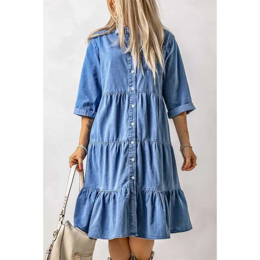 CD | Rochie mini chambray cu volane și croială cu nasturi din denim