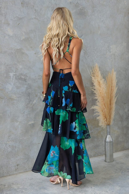 CD | REFRESHING FLORALE IMPRIMARE SPATE DANTELĂ-UP MULTI-TEIR RUFFLE TIV ROCHIE MAXI